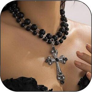Large Cross Necklace Gothic Cross Pearl Choker Chunky Black Jewelry Goth